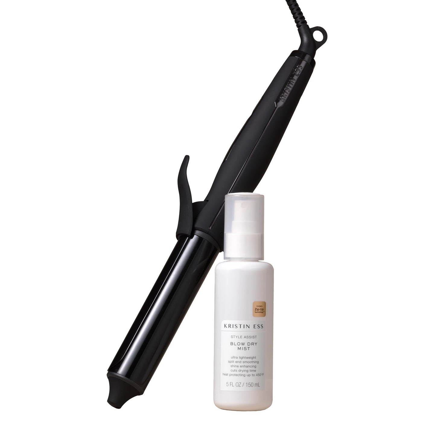Kristin Ess Hair NANOBLACK 11/4 Inch Automatic Ceramic Curling Iron + Style Assist Blow Dry Heat Protectant Spray - Dual Voltage Hair Styling Beach Waver + Curler - Smooth Barrel + Digital Display