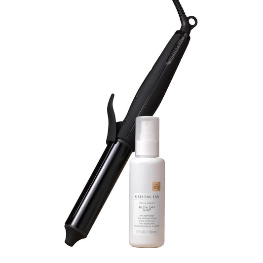 Kristin Ess Hair NANOBLACK 11/4 Inch Automatic Ceramic Curling Iron + Style Assist Blow Dry Heat Protectant Spray - Dual Voltage Hair Styling Beach Waver + Curler - Smooth Barrel + Digital Display
