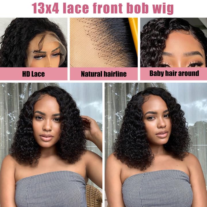 LDJOY Short Curly Lace Front Wigs Human Hair Pre Plucked 180% Density Human Hair Wigs for Black Women Water Wave Glueless 13x4 HD Transparent Lace Frontal Wigs with Baby Hair Natural Black 14 Inch