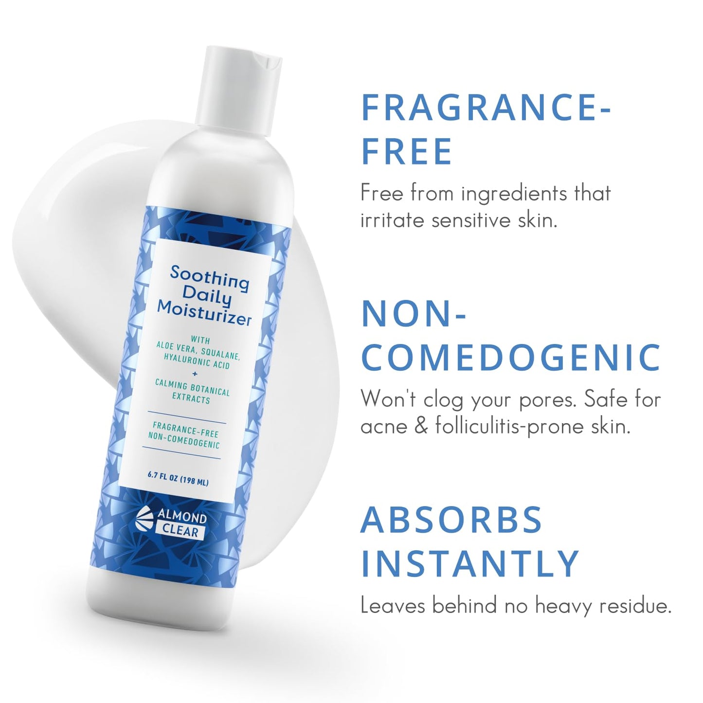 Almond Clear Soothing Daily Moisturizer | Lightweight Hydrating Moisturizer for Acne-Prone Skin on Face and Body | Mandelic Acid, Aloe Vera, Squalane, Hyaluronic Acid & Botanical Extracts | 6.7 oz