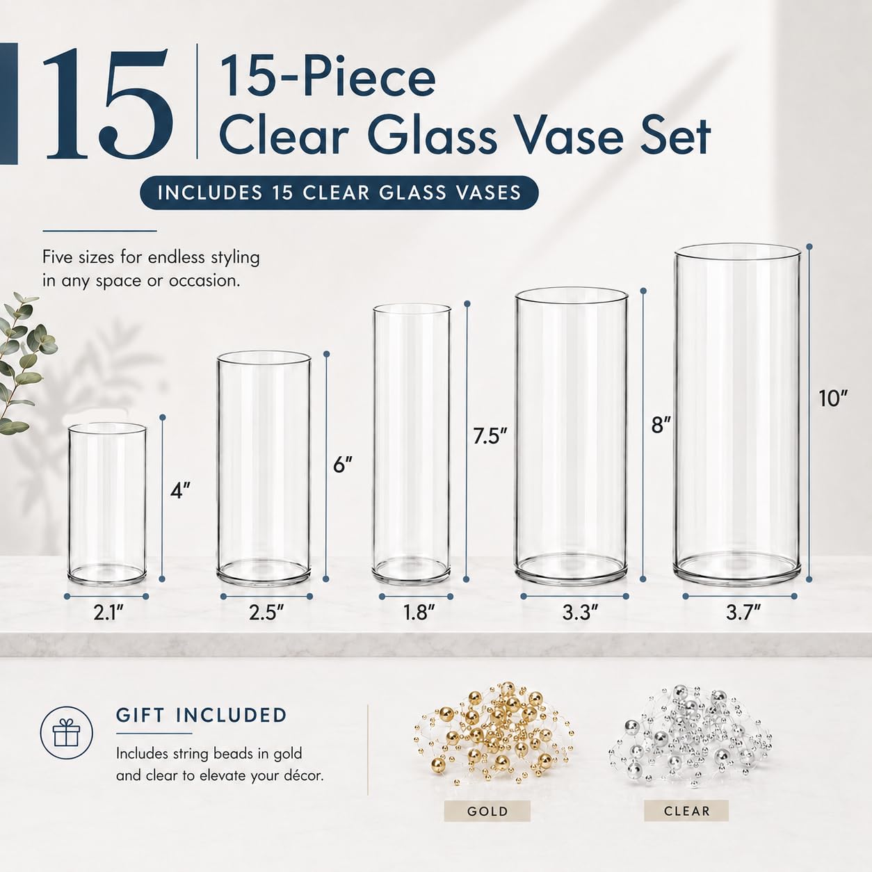 KRNDUMA 15pcs Glass Vase Cylinder Vases for Centerpieces Small Flower Glass Vases Home Decor Centerpiece Table Clear Flower Vase Decorations for Wedding＆Holiday 4,6,7.5,8,10 Inch Tall