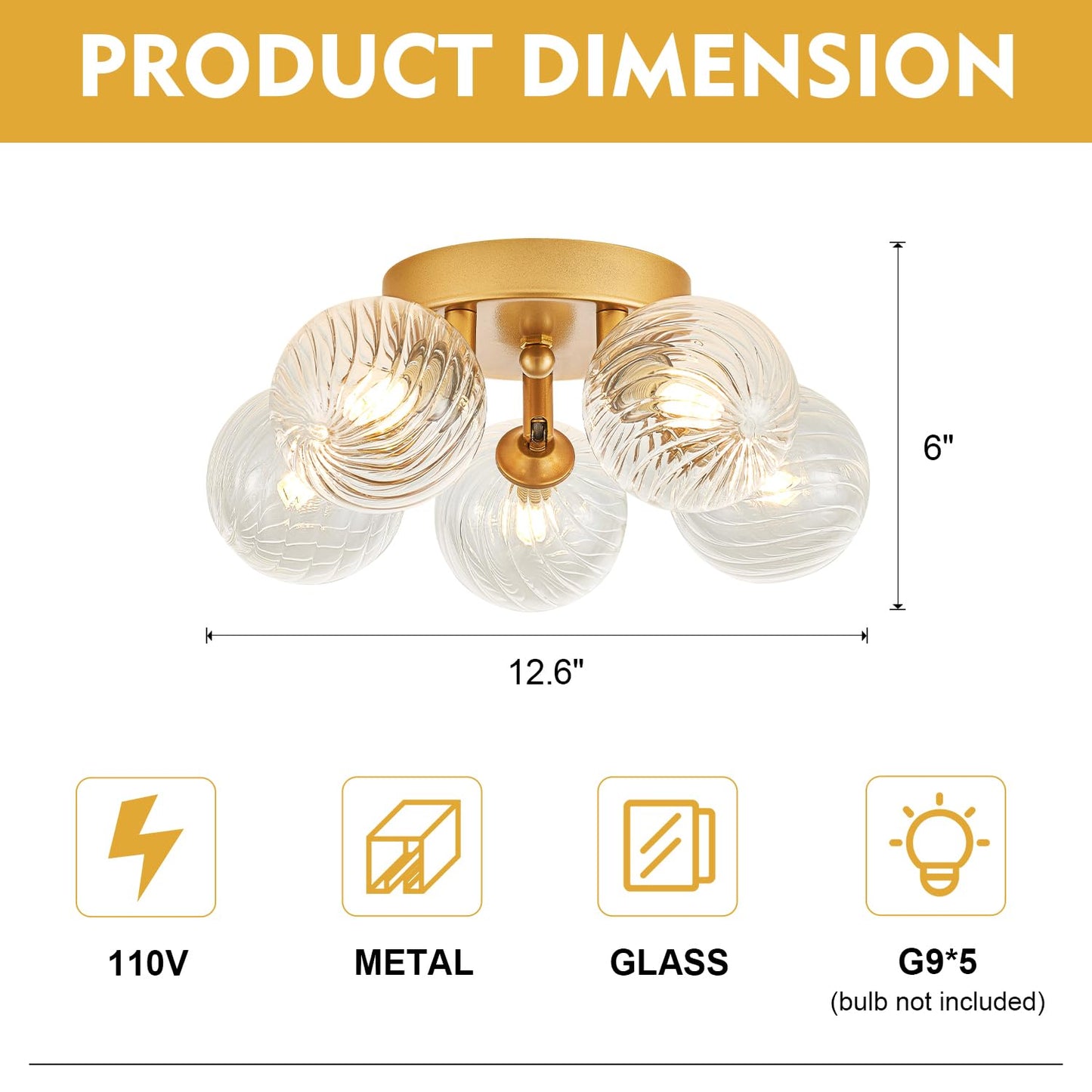 brfaixla Gold Ceiling Bubble Light Fixture Modern 5 Lights Swirled Clear Ribbed Blown Glass Ball Chandelier Semi Flush Mount Lighting Dia 12.6" for Hallway Entryway Kitchen Dining Room