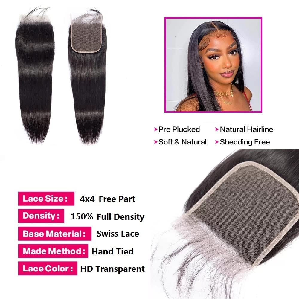 10A Brazilian Straight Human Hair 3 Bundles with Closure 10 12 14+10 Inch 100% Unprocessed Straight Virgin Hair Weave Bundles Human Hair with 4x4 HD Lace Closure
