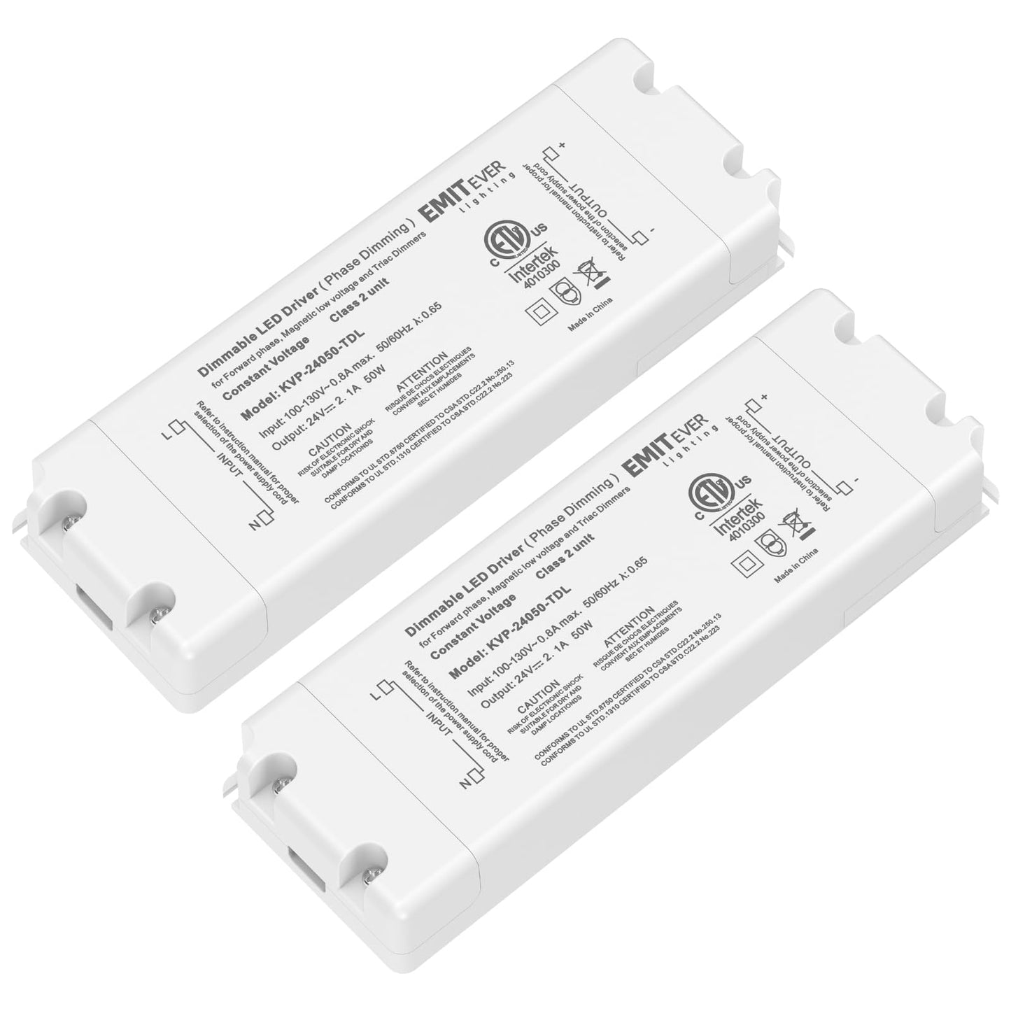 EMITEVER Triac Dimmable Driver,2 Packs 50W Power Supply,AC 120V to DC 24V Transformer,Compatible with Lutron and Leviton Dimmers,for LED Lighting,Class 2,ETL Certified