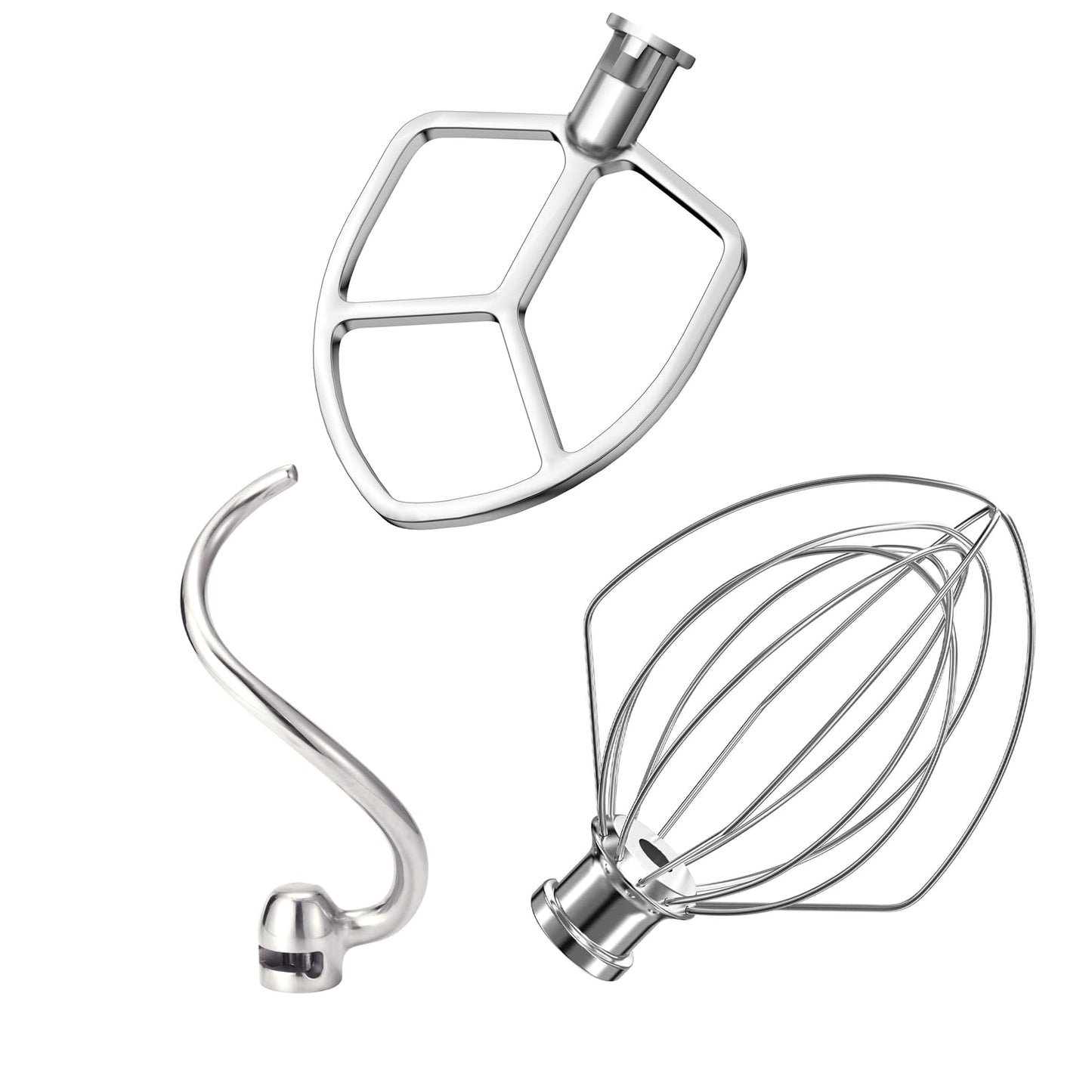 Stainless Steel 3 Piece kit Attachments for KitchenAid Stand Mixer and 5.5-6 Quart Bowl, Dishwasher Safe (5.5-6QT Flat Beater, 6QT Dough Hook, KN256 6-Wire Whip Attachment)