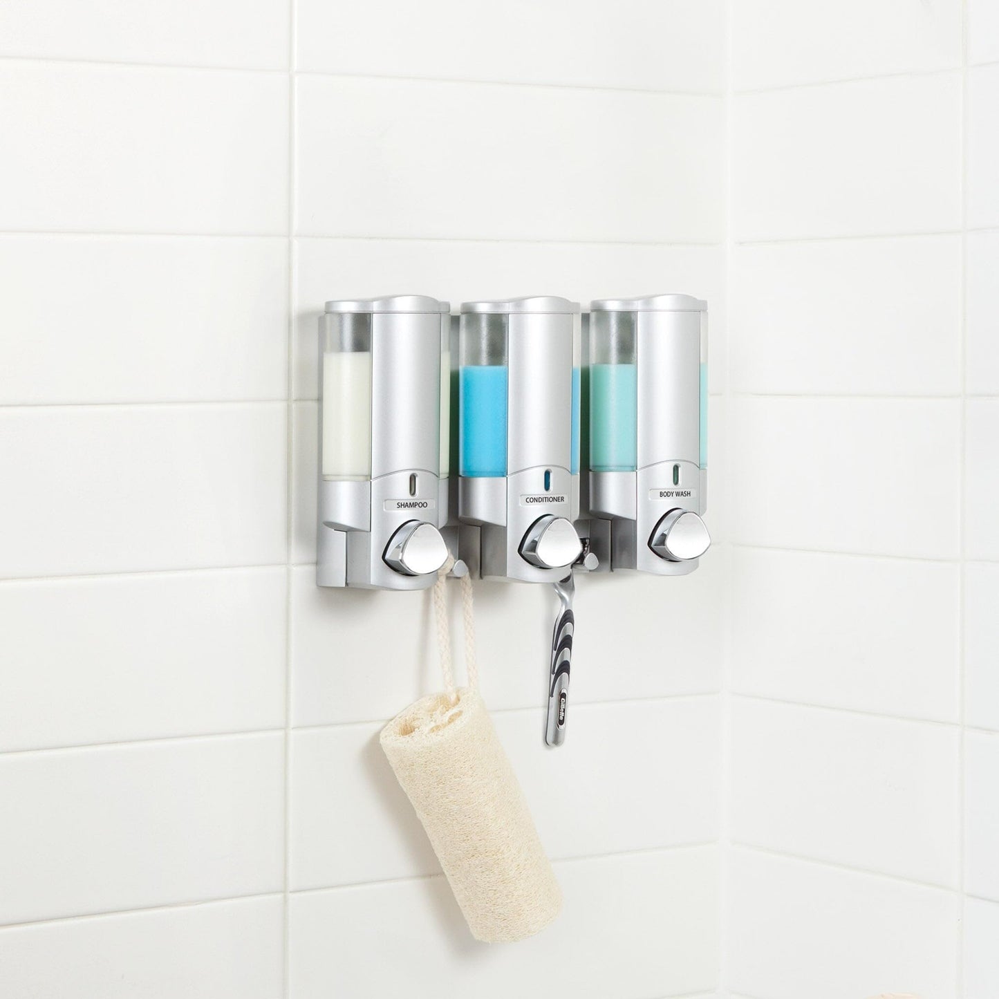 Better Living Aviva Shower Dispenser 3 Chamber, Wall Mount Shower Soap Dispenser for Bathroom Hotel Body Wash, Built-in Hooks, No Drill, Waterproof Shampoo Soap Dispenser, 3 x 11 oz, Satin Silver