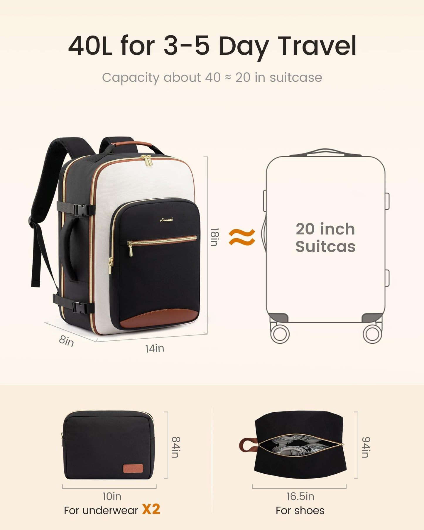 LOVEVOOK Large Travel Backpack for Women & Men, 40L Carry on Backpack for Airplanes, TSA Personal Item Travel Bag fits 17" Laptop, Waterproof Travel Essentials Airline Approved with 3 Packing Cubes