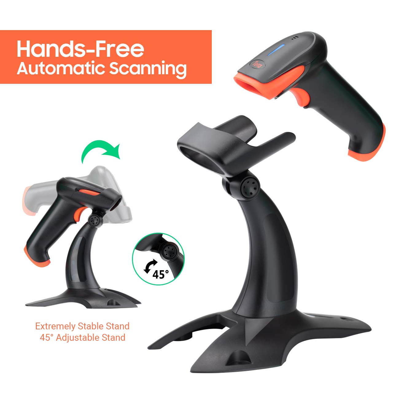 Tera Wireless 2D QR Barcode Scanner with Stand, 3 in 1 Compatible with Bluetooth & 2.4GHz Wireless & USB Wired Barcode Reader Handheld Bar Code Reader HW0001