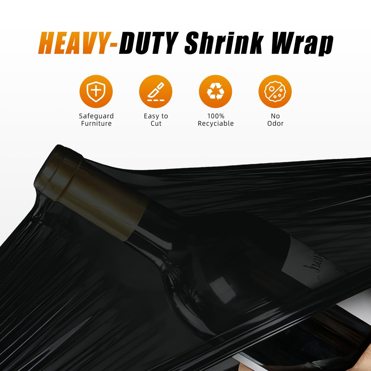 Black Stretch Wrap Shrink Film for Moving Supplies (15inch, 2 Pack) x 1000ft, Industrial Strength Plastic Wrap Stretch Roll for Privacy Protection Pallet Shipping Moving Boxes Furniture with Handles