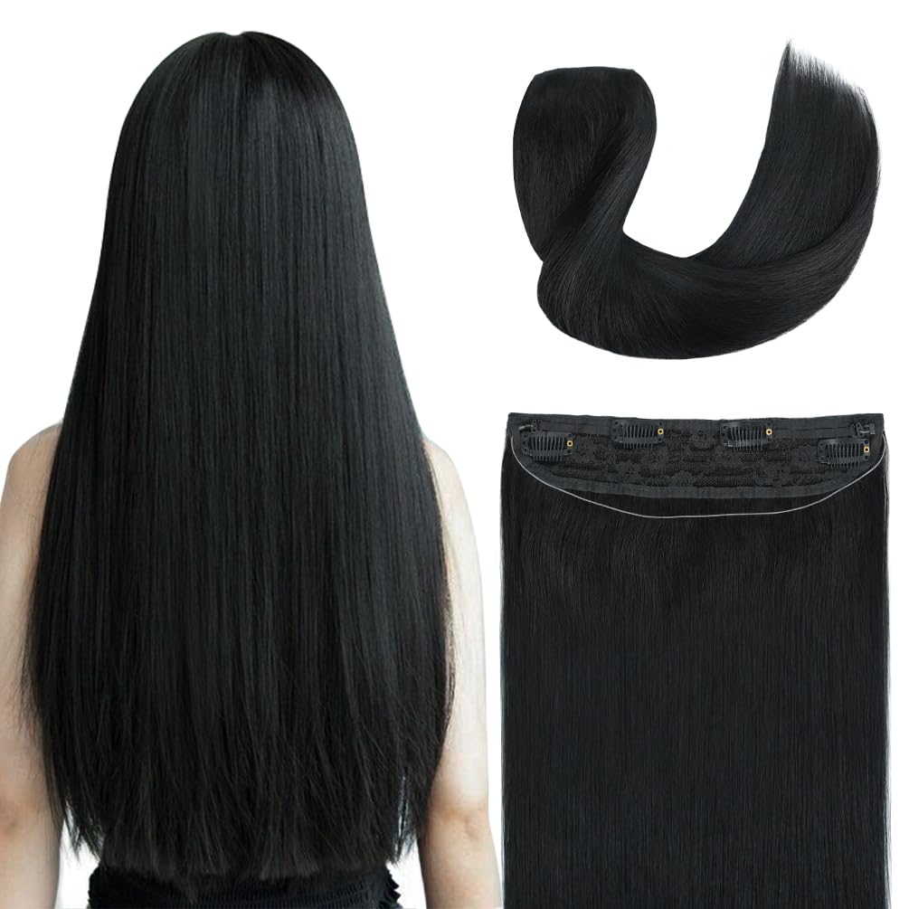 Invisible Wire Hair Extensions Real Human Hair - 16 Inch 80G Jet Black Transparent Fish Line Clip-Ins Hair Piece, 100% Remy Human Hair Extensions for Women