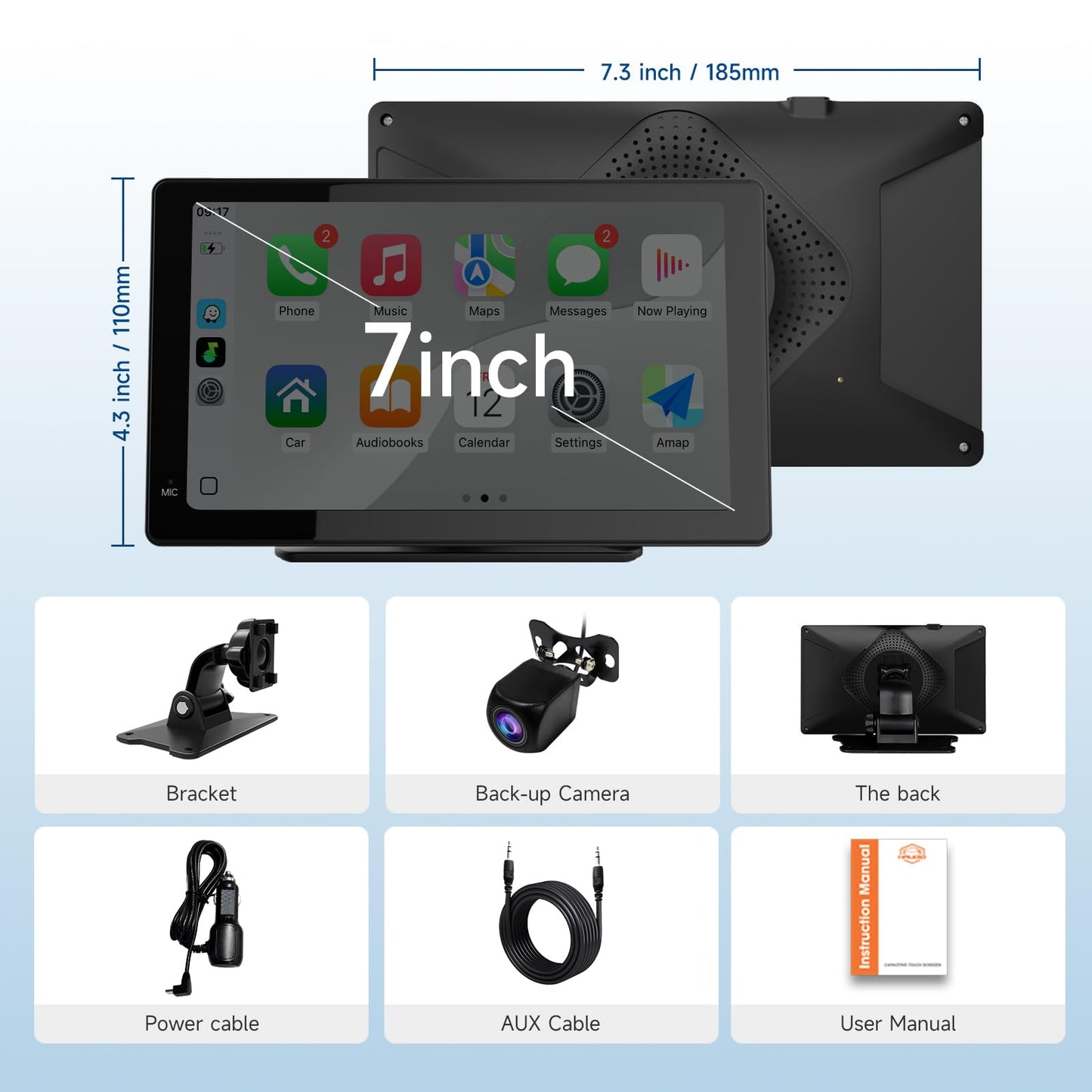 Haudio Portable Wireless Carplay Car Stereo, 7" HD Touchscreen for Car with Apple CarPlay & Android Auto with Backup Camera, GPS, Bluetooth, Voice Control, Mirror Link, FM, AUX, Universal Fit