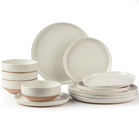 AmorArc Ceramic Dinnerware Sets, Handpainted Plates and Bowls Set with Rustic Terracotta Underside, Scratch Resistant Stoneware Dishes Set, Dishwasher & Microwave Safe