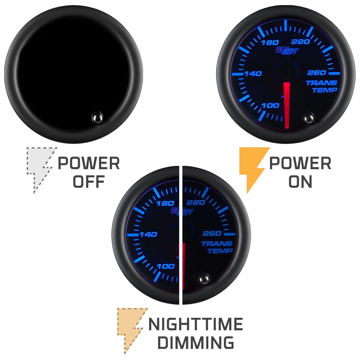 GlowShift Tinted 7 Color 260F Automatic Transmission Temp Gauge Kit - Includes 1/8-27 NPT Electronic Sensor & Wiring - Multi-Color Display - Black Dial - Smoked Lens - for Car & Truck - 2-1/16" 52mm