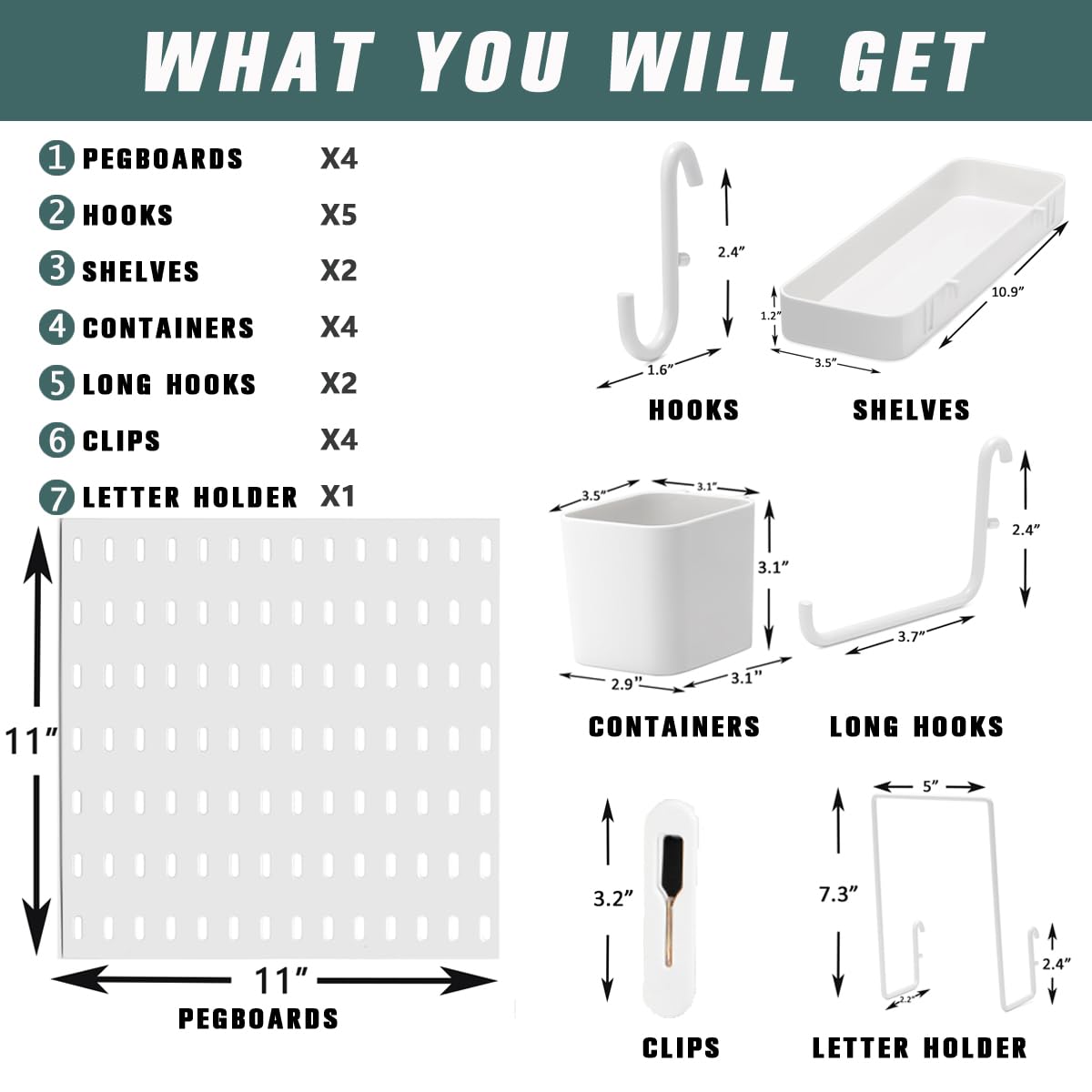 RIVTUN Pegboard Combination Kit for Wall Organizer, Wall Mounted Peg Board Kits for Kitchen, Bedroom, Office, &Bathroom, 4 Pieces White Pegboards and 14 Accessories, 22" x 22"
