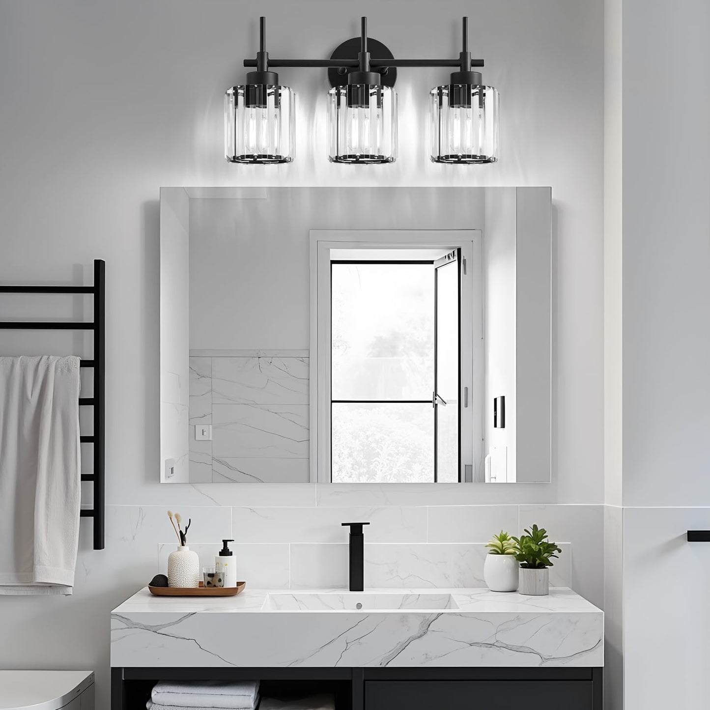 EJIAXIN 3 Light Black Crystal Vanity Light, Modern Bathroom Vanity Light Over Mirror, Up and Down Mount Wall Sconce Lighting for Bathroom Bedroom Living Room Hallway
