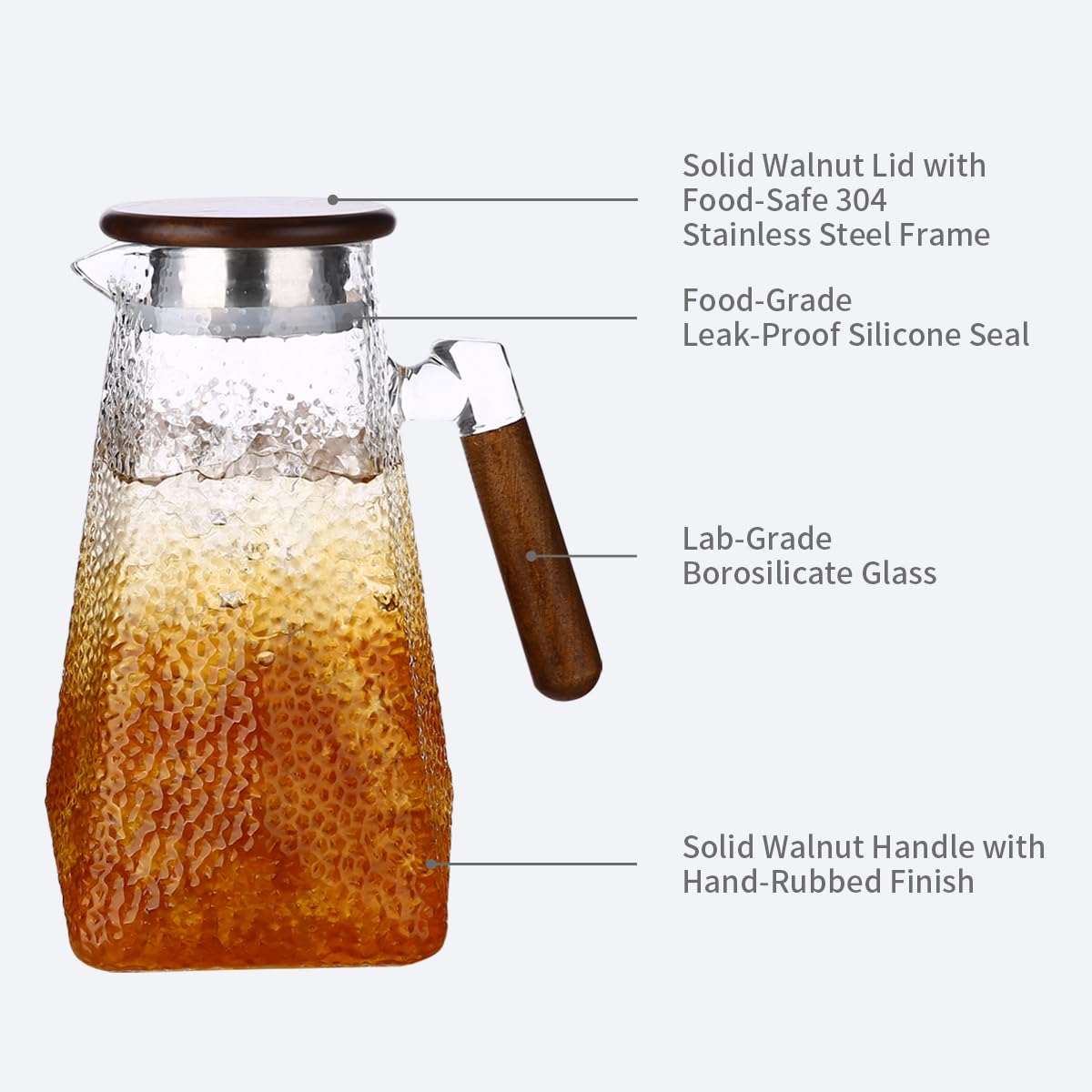 Borosilicate Glass Pitcher With Lid,1.8 Liter All-Purpose Heat-Resistant Carafe with Handle, Jug，for Iced Tea, Coffee, Juice, Milk, Fruit Infusions (Hot & Cold) (hammered texture, 60 oz)