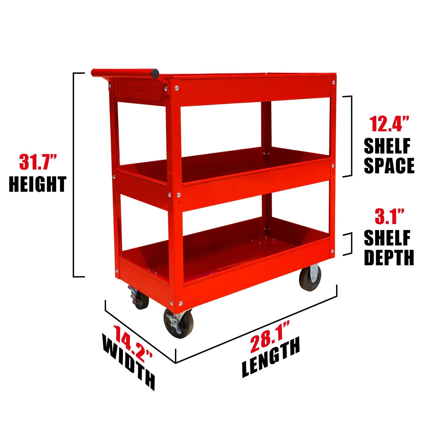 Torin APTC302B Steel Tool Service Push Cart with 3 Shelves and 200 lb Capacity, Red