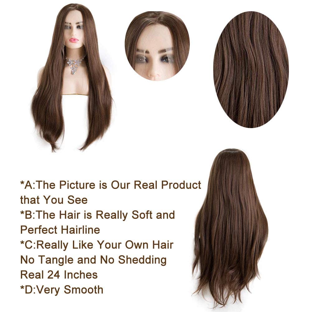 Kalisa Angle Lucky Brown Lace Front Wig for Women Synthetic Brown Long Straight Middle Part Wig Heat Resistant Fiber Glueless Makeup Cosplay Soft Wigs 26 Inch