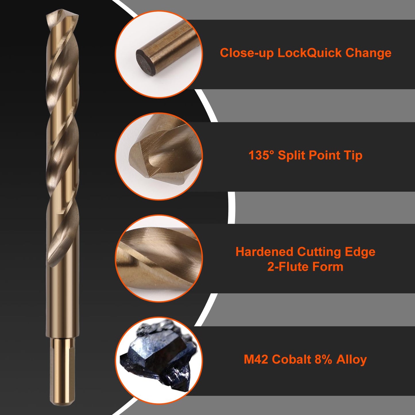 COMOWARE Cobalt Drill Bit Set- 21Pcs M42 High Speed Steel Twist Jobber Length for Hardened Metal, Stainless Steel, Cast Iron and Wood Plastic with Indexed Storage Case, 1/16"-1/2"