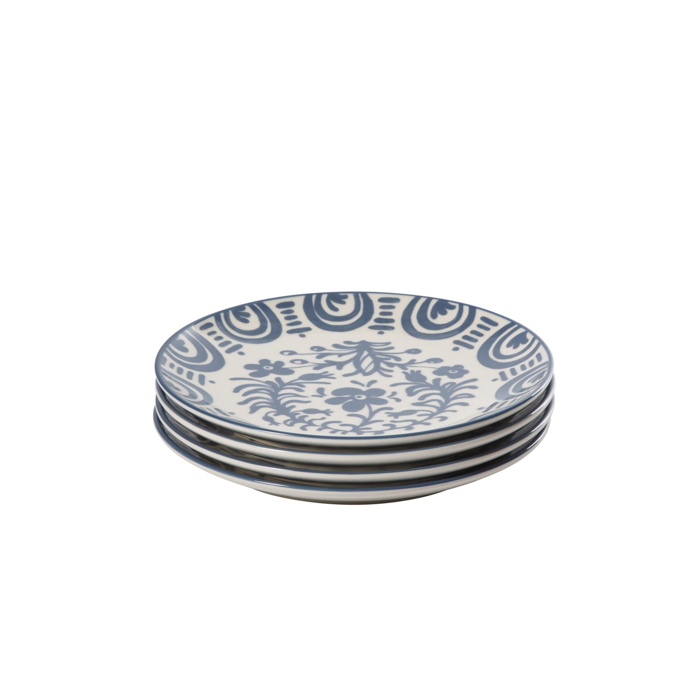 Bloomhouse - 2-Time Oprah’s Favorite Things - Valencia Flor 4 Piece Dessert & Salad Plate Set, 8.75” Stoneware Plates, Mediterranean Floral Decal Design, Microwave & Dishwasher Safe, Iris Blue