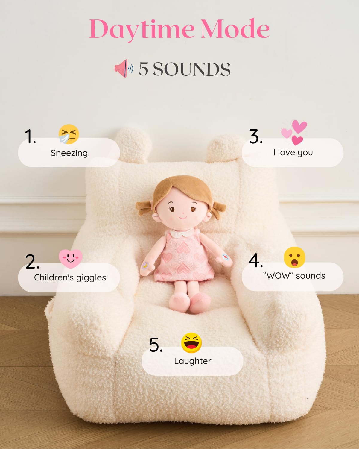 LeyaDoll Soft Baby Doll for 1 Year Old Toddler Girls - My First Interactive Talking Doll with 5 Emotional Sounds, Lullaby Music & Reversible Dress for Sleep Routine, Birthday Gift