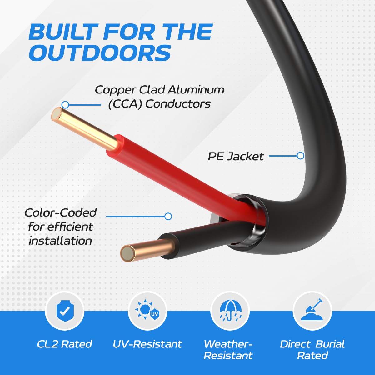 Cables Direct Online 18-Gauge Outdoor Alarm Wire, 500 Ft, Black 18 AWG, 2 Conductor, Copper Clad Aluminum, Solid Bulk Security Cable | CL2 Rated, Direct Burial, UV & Weather Resistant for Exterior
