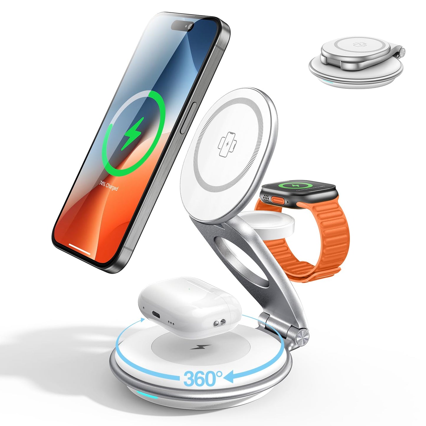 EXW Wireless Charging Station for Magsfe Charger,3 in 1 Wireless Charger for Magsafe Charging Station,Foldable Charger for iPhone 16/15/14/13/12 Series for Apple Watch & AirPod(30W Charger Included)