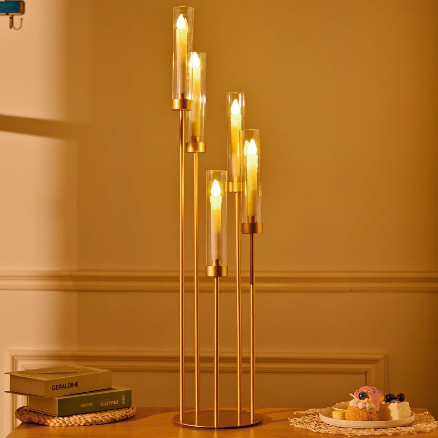 2PCS Gold Floor Candelabra,5 Arm Candle Holder Tall Floor Candle Holder with Acrylic Lampshade for Wedding Table Birthday Party Home Decoration Fit LED Taper Candles