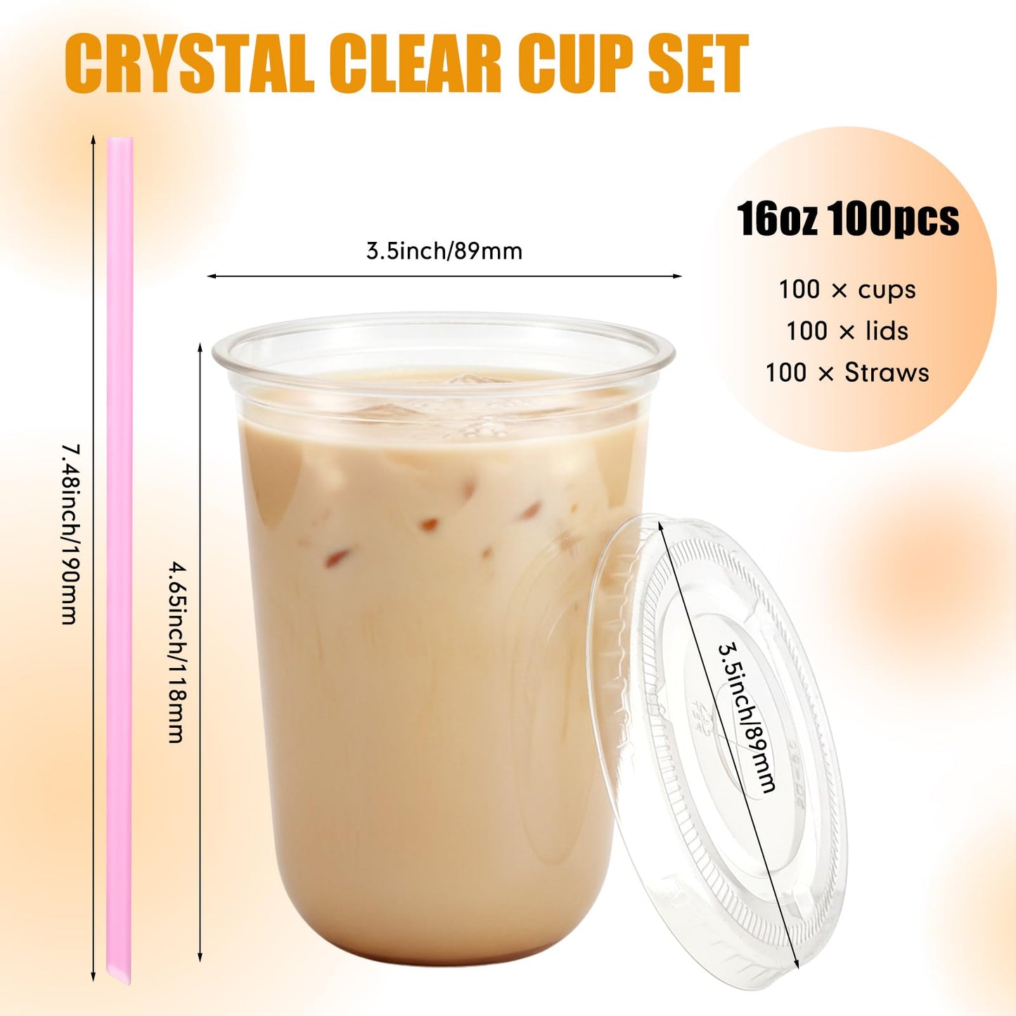 Ziliny 100 Pack 16 oz Clear Plastic Cups with Lids and Straws Disposable Iced Coffee Cups Round Bottom To carry Cup for Coffee Smoothie Cold Drinks Juice Milkshake Tea (Pink)