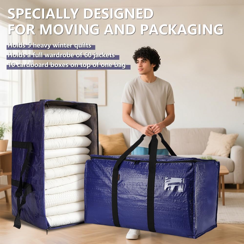 Cryster 10-Pack Blue Moving Bags with Strong Zippers,Heavy Duty Storage Totes With Comfortable Handles,Large Storage Totes for Student Supplies