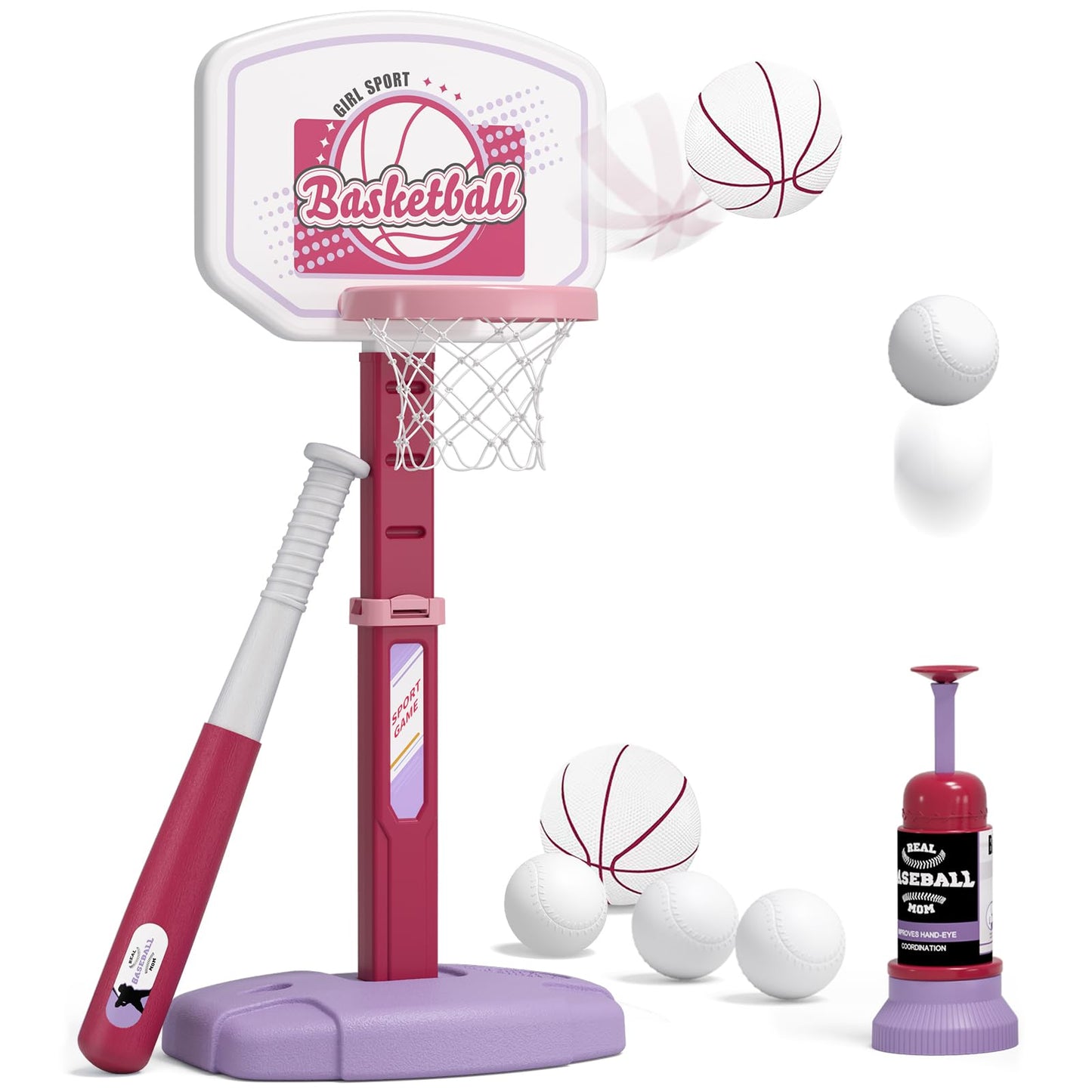 HYES 2 in 1 Kids Basketball Hoop and T Ball Set，White