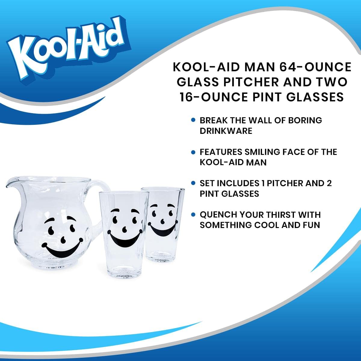 Kool-Aid Man 64-Ounce Glass Pitcher and Two 16-Ounce Pint Glasses | Beverage Dispenser Carafe and Glassware For Water, Juice, Iced Tea, Cocktails | Home & Kitchen Essentials, Nostalgic Gifts