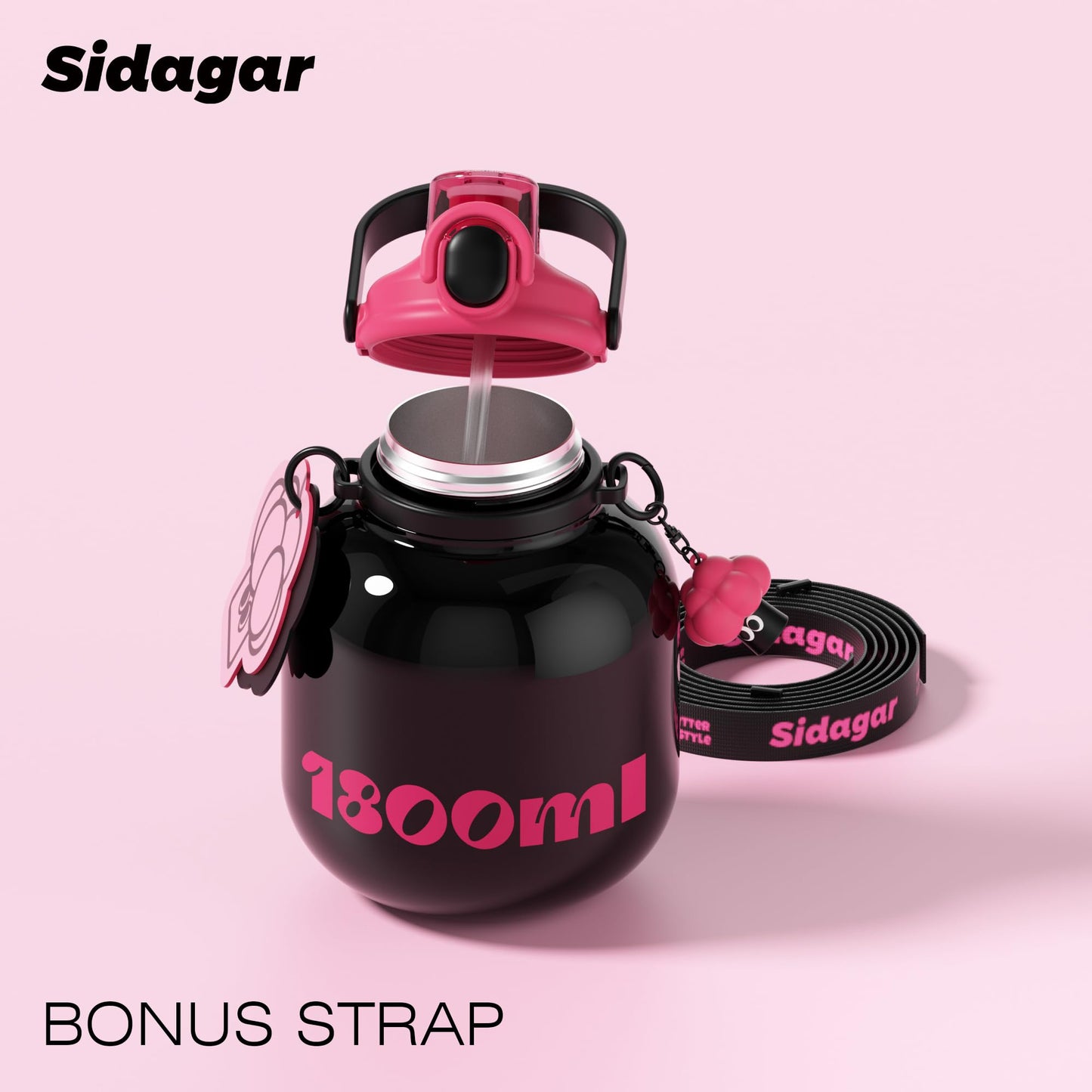 Sidagar 60 oz Big Gallon Water Bottle with Straw and Carry Handle, Black Wide Mouth Vacuum Water Jug, Insulated Stainless Steel Bottles; Heavy-Duty Aesthetic Yoga Flask for Women, Sweet & Cool Black