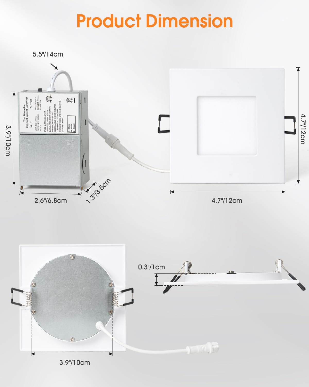ZYC 4-inch Square Recessed Lighting - Ultra Thin Dimmable Square LED Ceiling Light,5 Color Temperature 2700-5000K Selectable,9W 800LM High Brightness,Canless Wafer Downlight,Pack of 6 Gold.