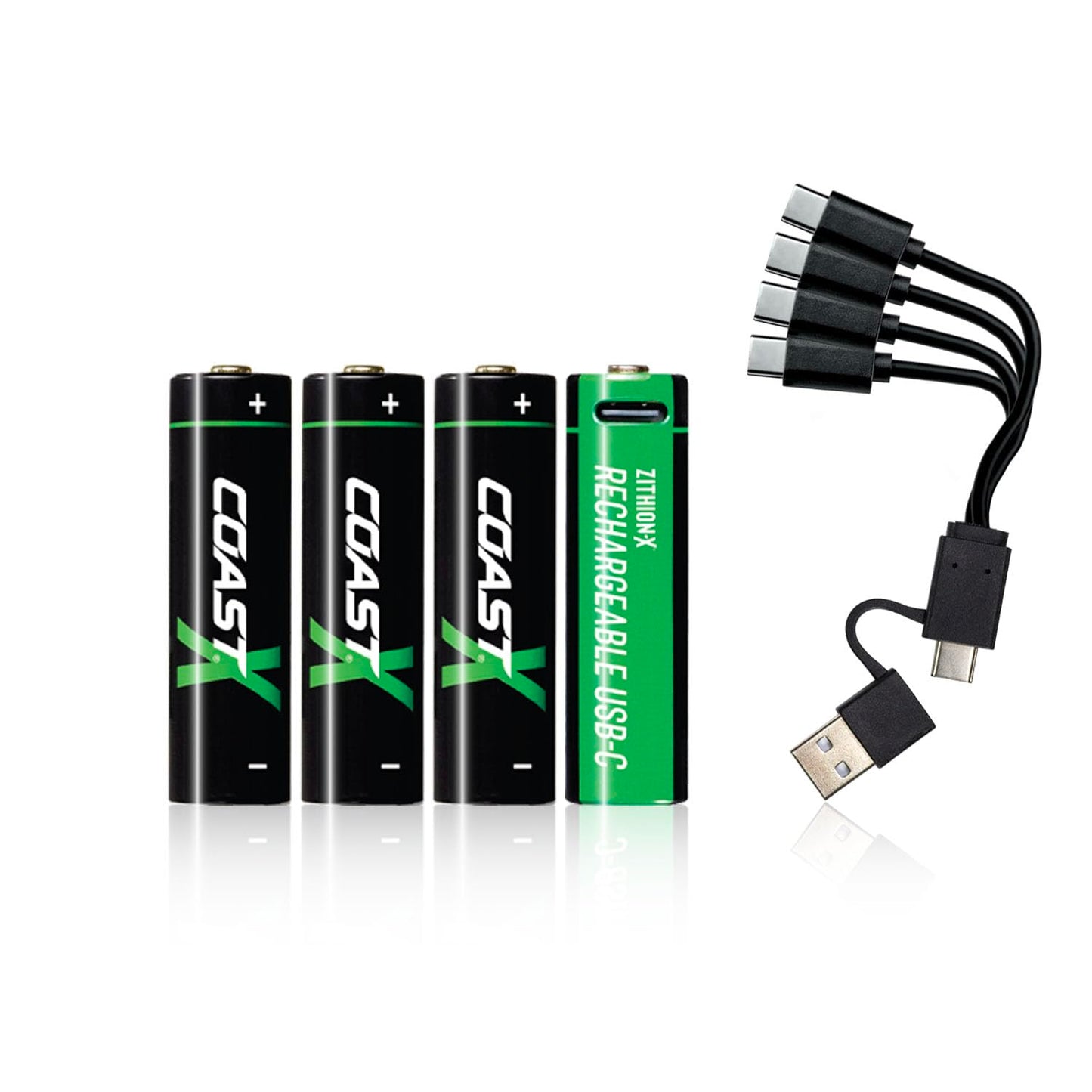 Coast AA USB-C Rechargeable Batteries, ZITHION-X, Lithium Ion 1.5v 2400 mAh, Long Lasting, Charges Under 2.5 Hours, Charging Cable Included, 4-Battery Pack
