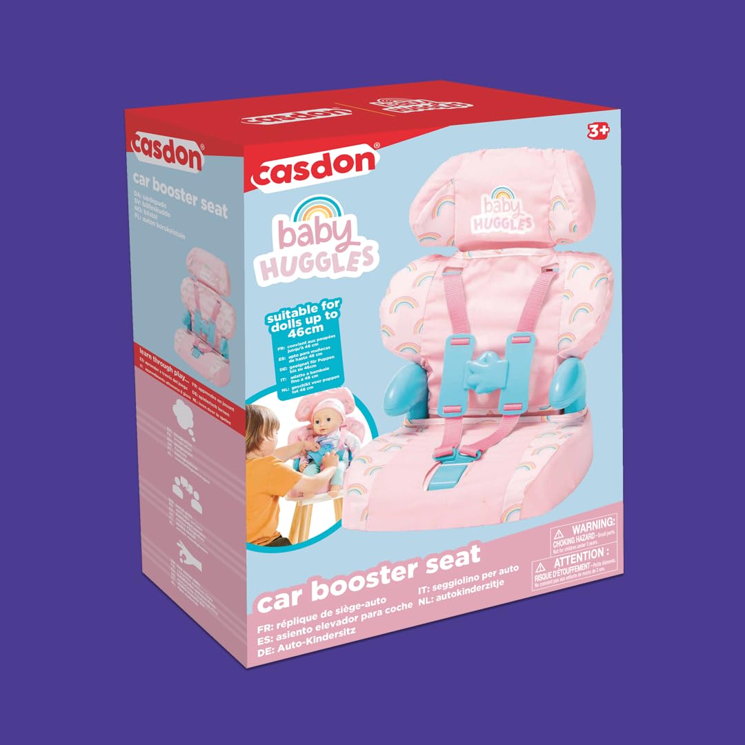 Casdon Baby Huggles Toys - Pink Booster Seat - Car Seat For Dolls with Adjustable Headrest & Buckles - Fits Dolls Sizes Up to 14" - Suitable for Preschool Toys - Playset for Children Aged 3+
