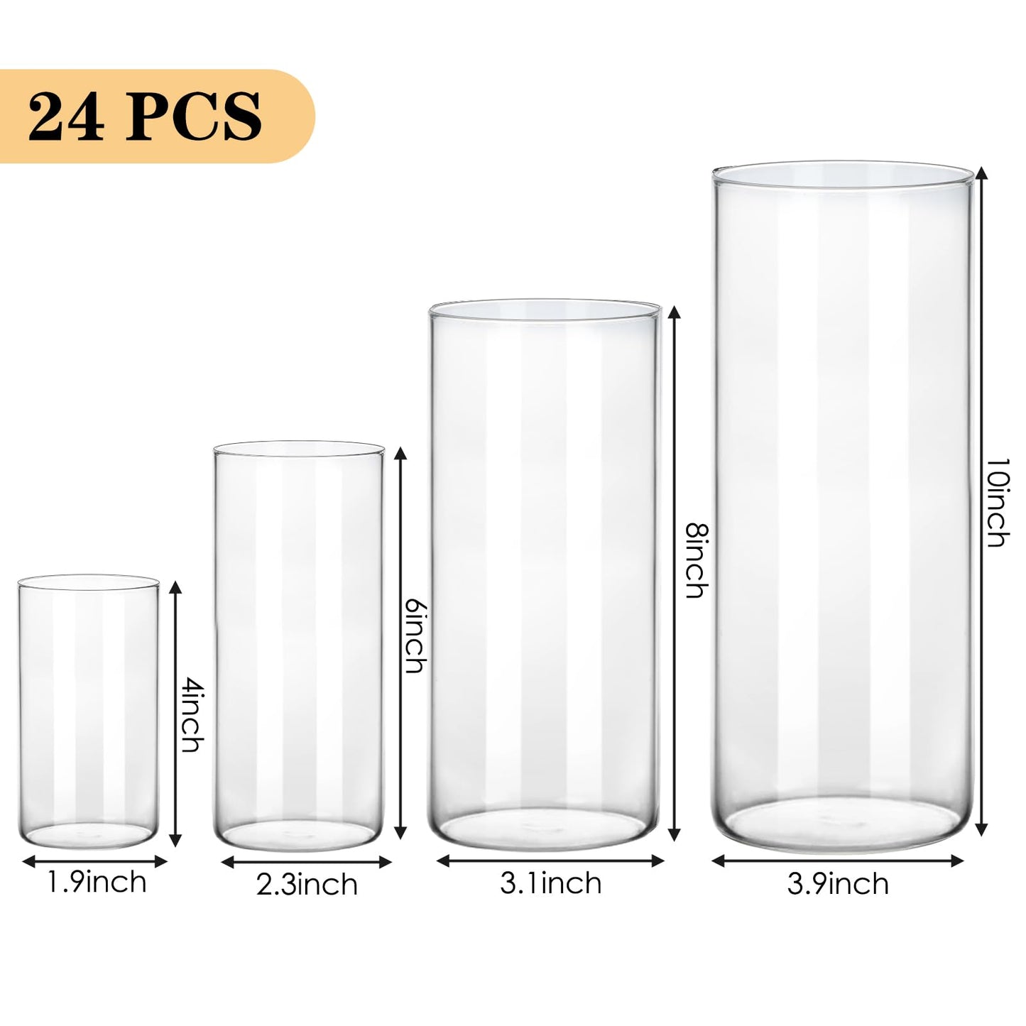 Fixwal 24pcs Clear Glass Cylinder Vases, 4, 6, 8, 10 Inch Tall Cylinder Vases for Centerpieces, Glass Flower Vase Floating Candle Holder Vase for Table Shelf, Party, Wedding, Home Decor