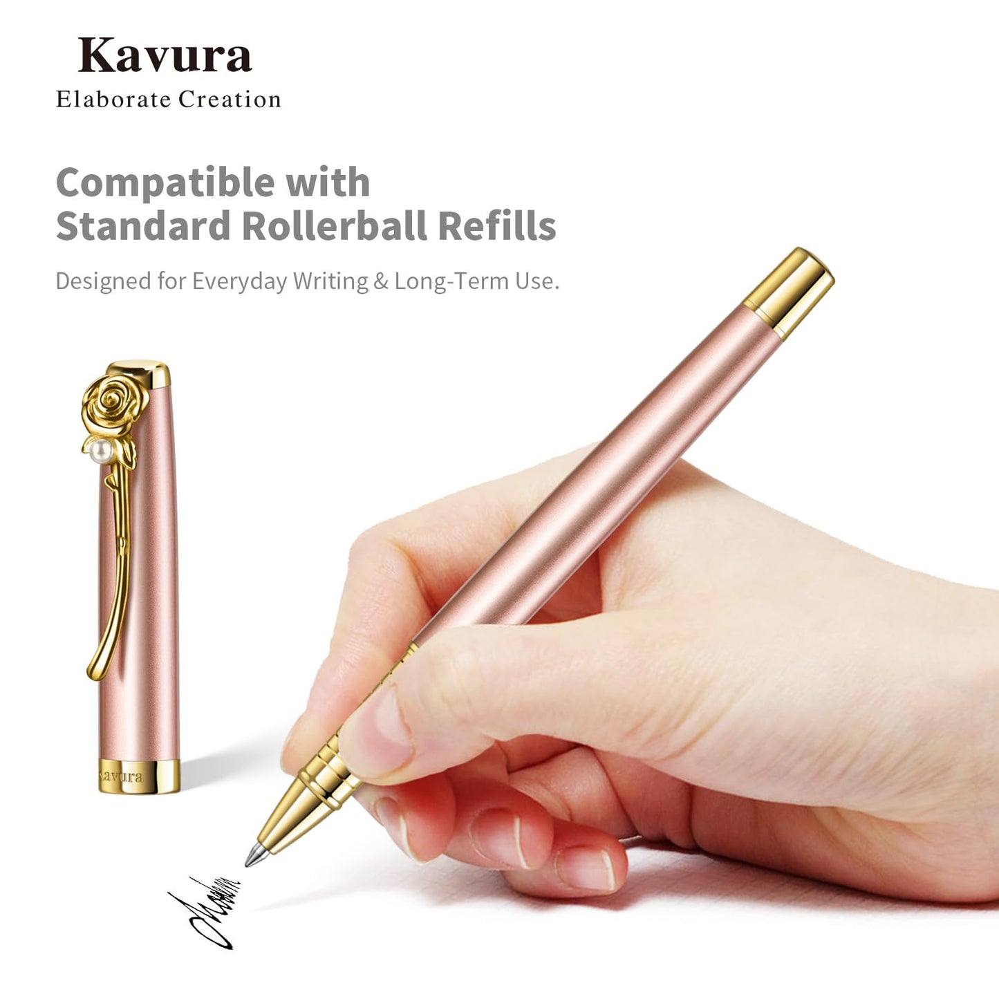Kavura Rose & Pearl Rollerball Pen – Luxury Brass Pen Gift Set for Women, Jewelry-Inspired Design, Glossy Finish, with German Refill, Romantic Gift for Her, Anniversary & Valentine’s Day (Rose Gold)