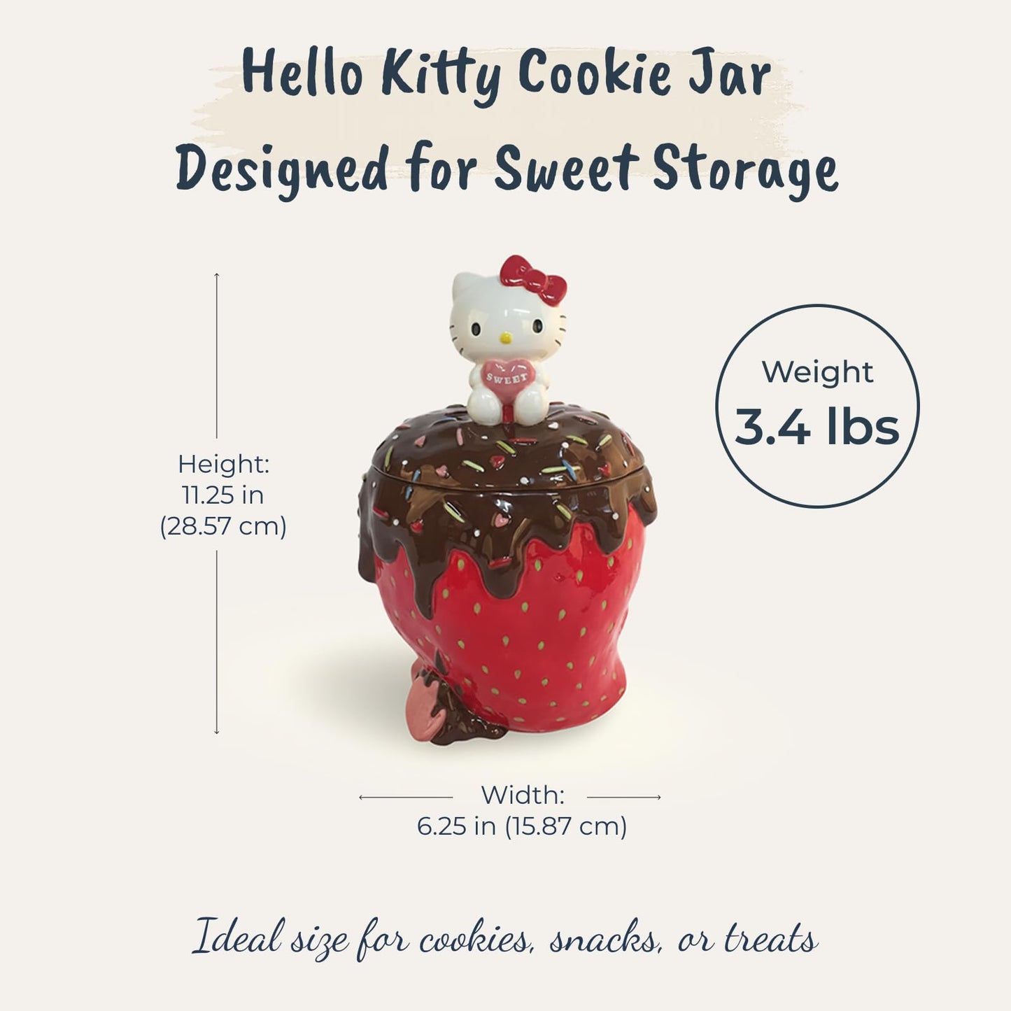 Blue Sky Clayworks Hello Kitty Strawberry Cookie Jar, Ceramic, 7" L x 6.25" W x 11.25" H, Chocolate-Drip Berry Sweet