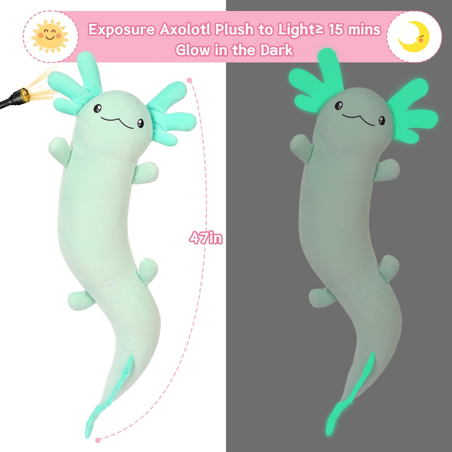 MaoGoLan Giant Axolotl Plush Stuffed Animal,Big Axolotl Plush Pillow Toy,Jumbo Stuffed Axolotl Body Pillow for Kids Adults,Axolotl Plush Glow in The Dark,Holiday Birthday Green