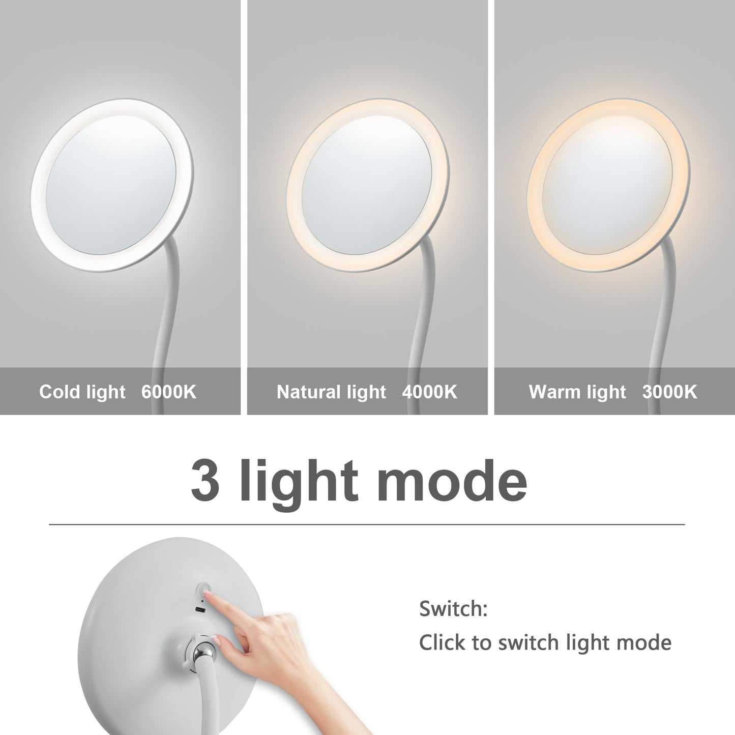 yngtoue 6.5" Clip on Vanity Makeup Mirror with Light, gooseneck Travel 5X Magnifying Mirror,USB Recharge (White 5X)