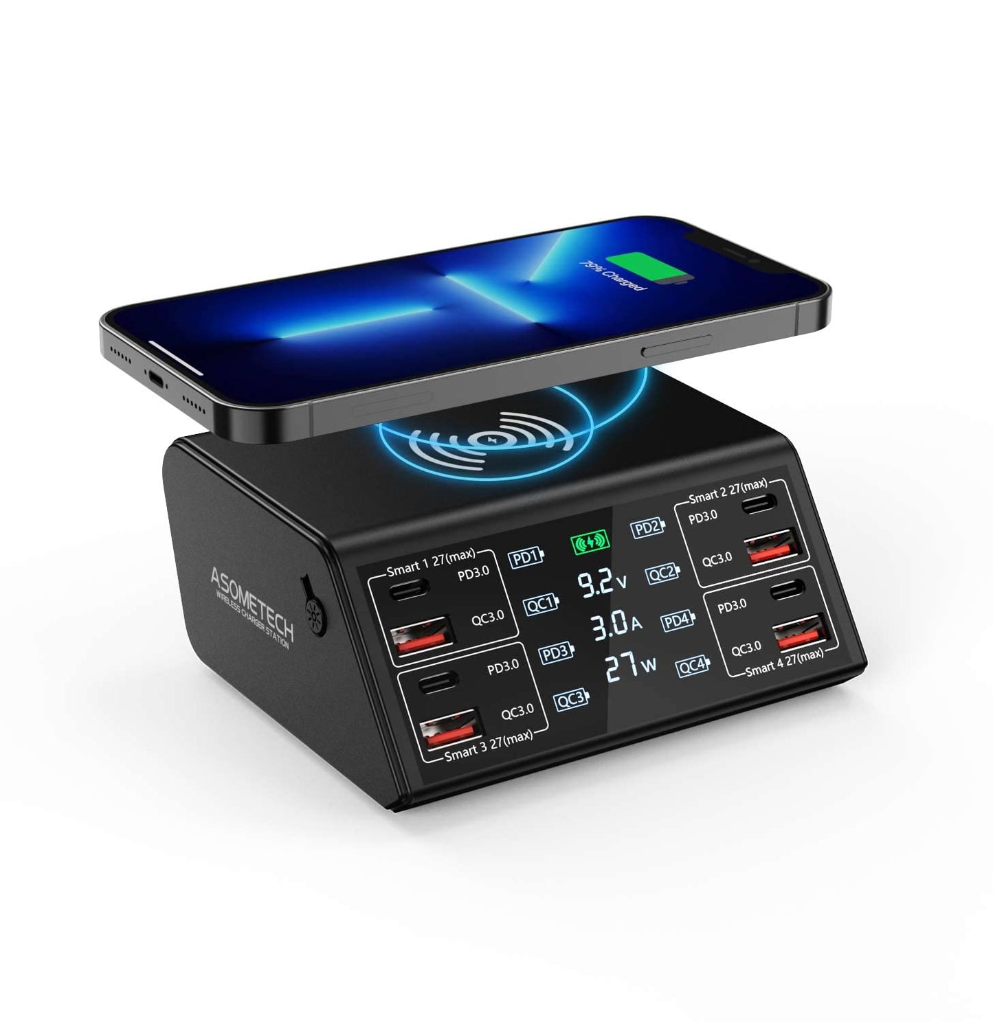 USB Charger, ASOMETECH 100W 8 Port Multiple USB Charging Station with 4 Quick Charge 3.0, 4 USB C PD Port, Wireless Charger, LCD Display Fast Charging Hub for iPhone 13 12 iPad Samsung and More