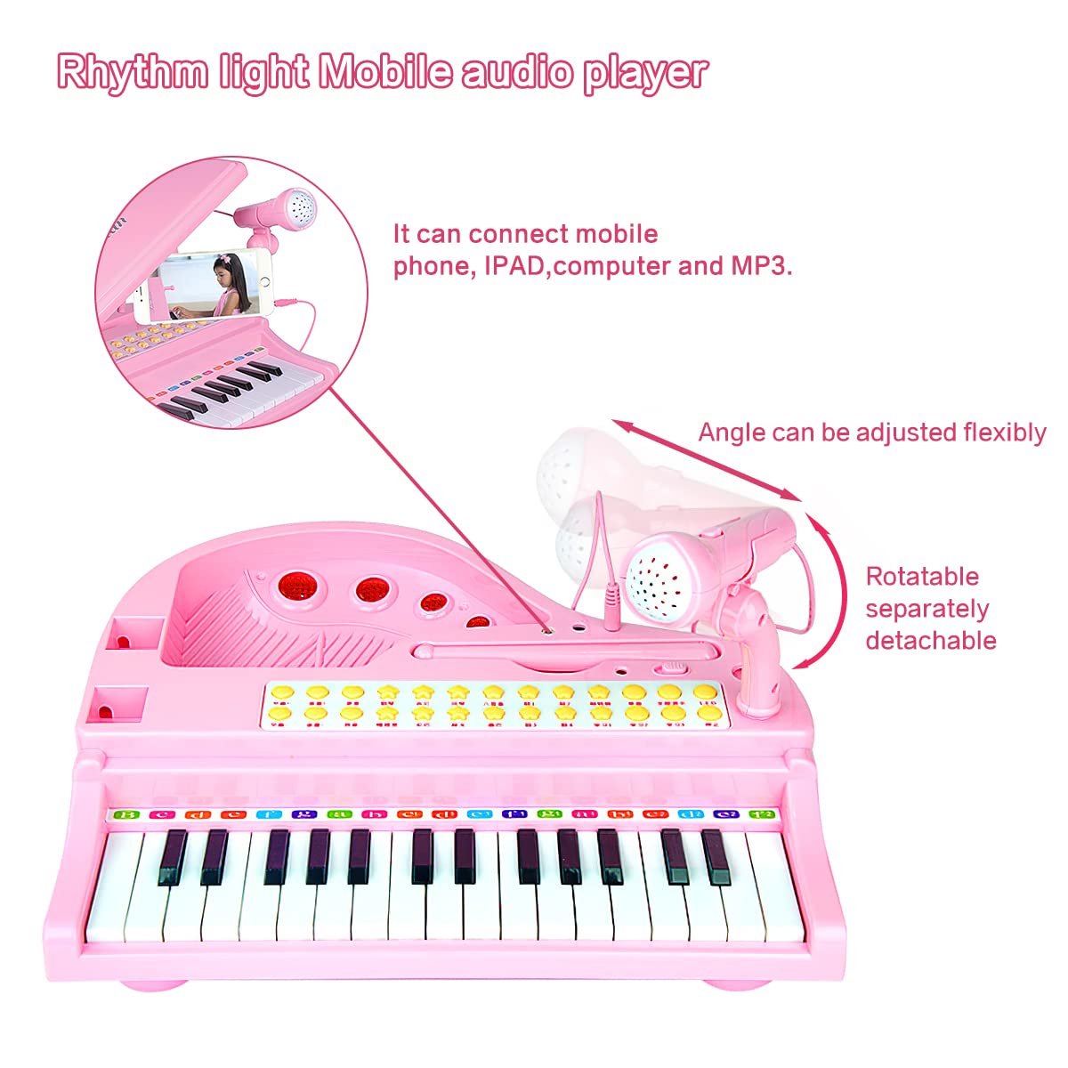 Kids Piano Keyboard Toy, Toddler Electronic Musical Instrument Educational Toy with Microphone, Multiple Sounds, Record Playback, Lights & Stool, Birthday Gift for 3 4 5 6 7 Years Old Girls