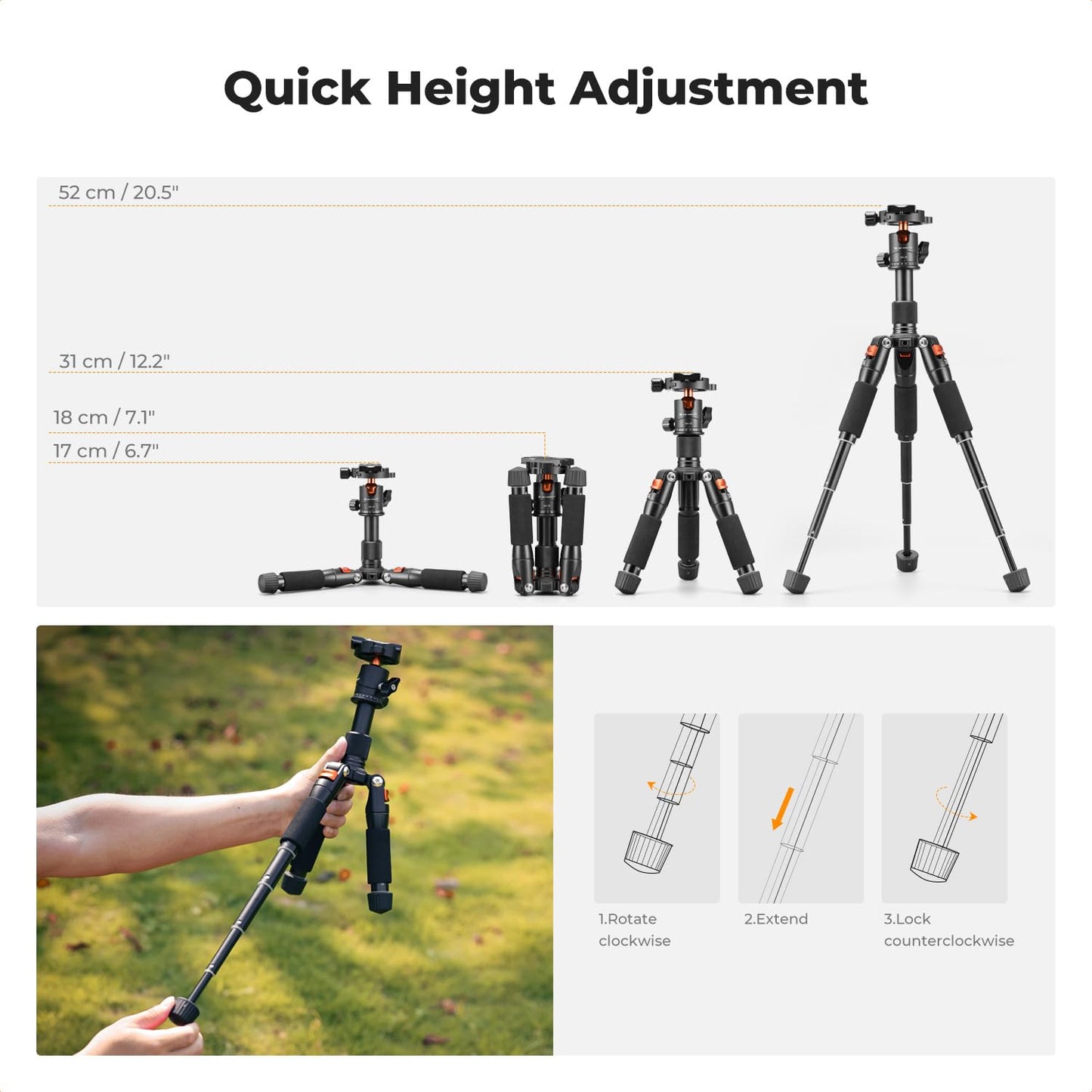 K&F Concept Mini Desktop Tripod, 20.5''/ 52cm Compact Desk Tripod with 360 Degree Ball Head, 1/4 inch Quick Release Plate for Camera Video Camcorder, Load up to 13.22 lbs/6 KG