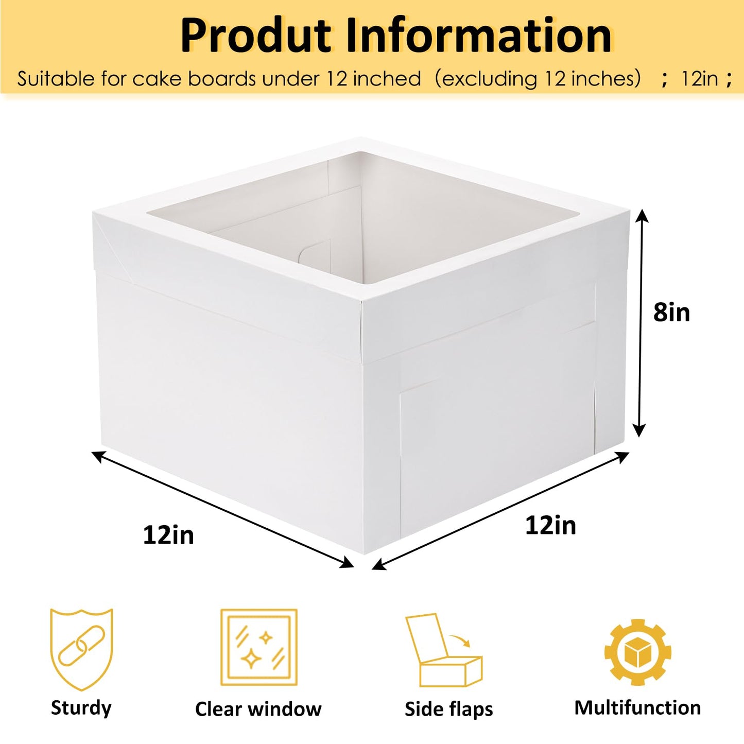 Moretoes 30pcs Cake Boxes 12x12x8 Inch, Bakery Containers with Large Window, 12 Inch White Cake Carrier, Disposable Boxes for Birthday, Party, Cupcake Cookie Pie Pastry