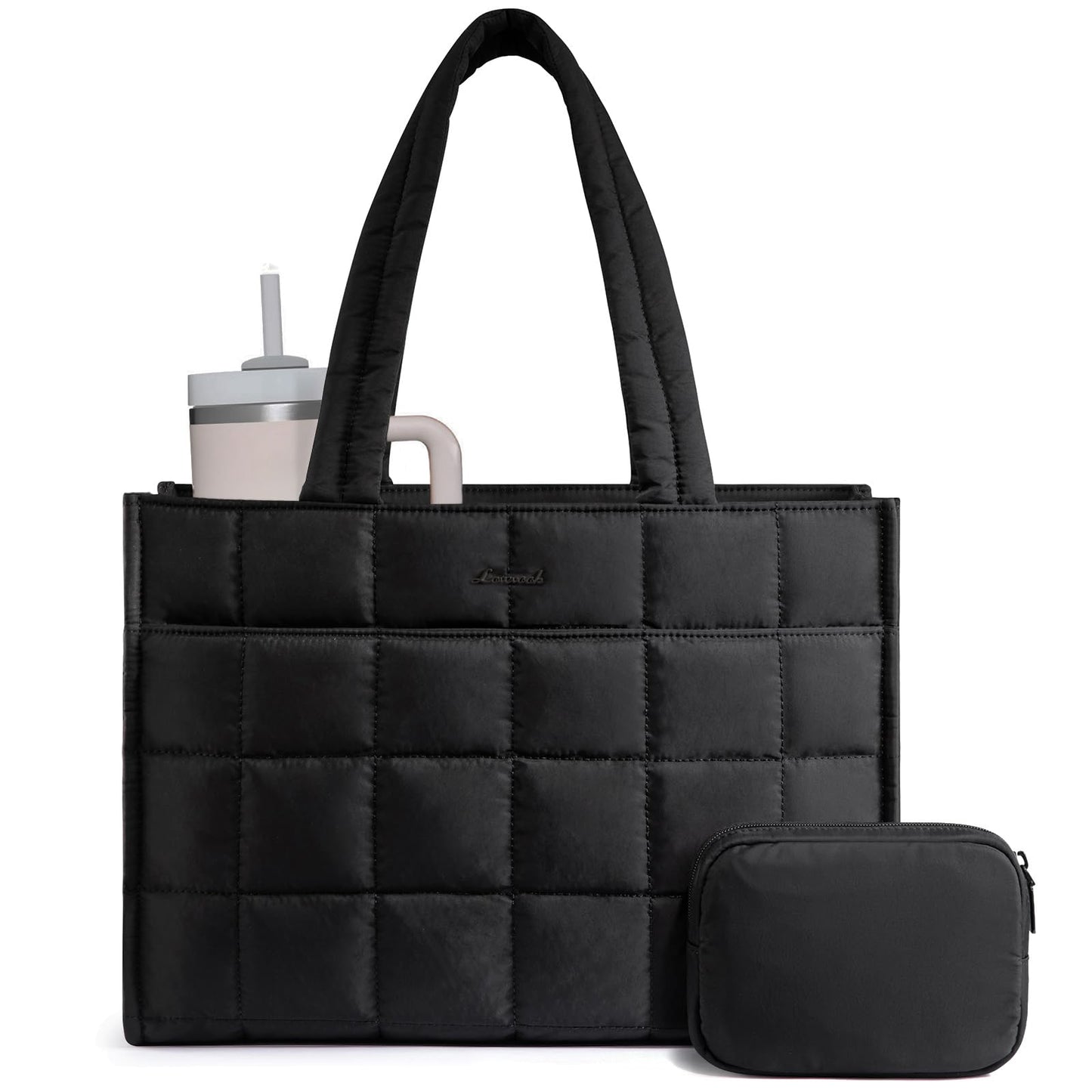 LOVEVOOK Tote Bag for Women, Puffer Work Handbag 17 Inch Laptop Purse for Nurse Teacher, Large Quilted Travel Tote Shoulder Bag with Zipper for College Office Clinical Gym, Black