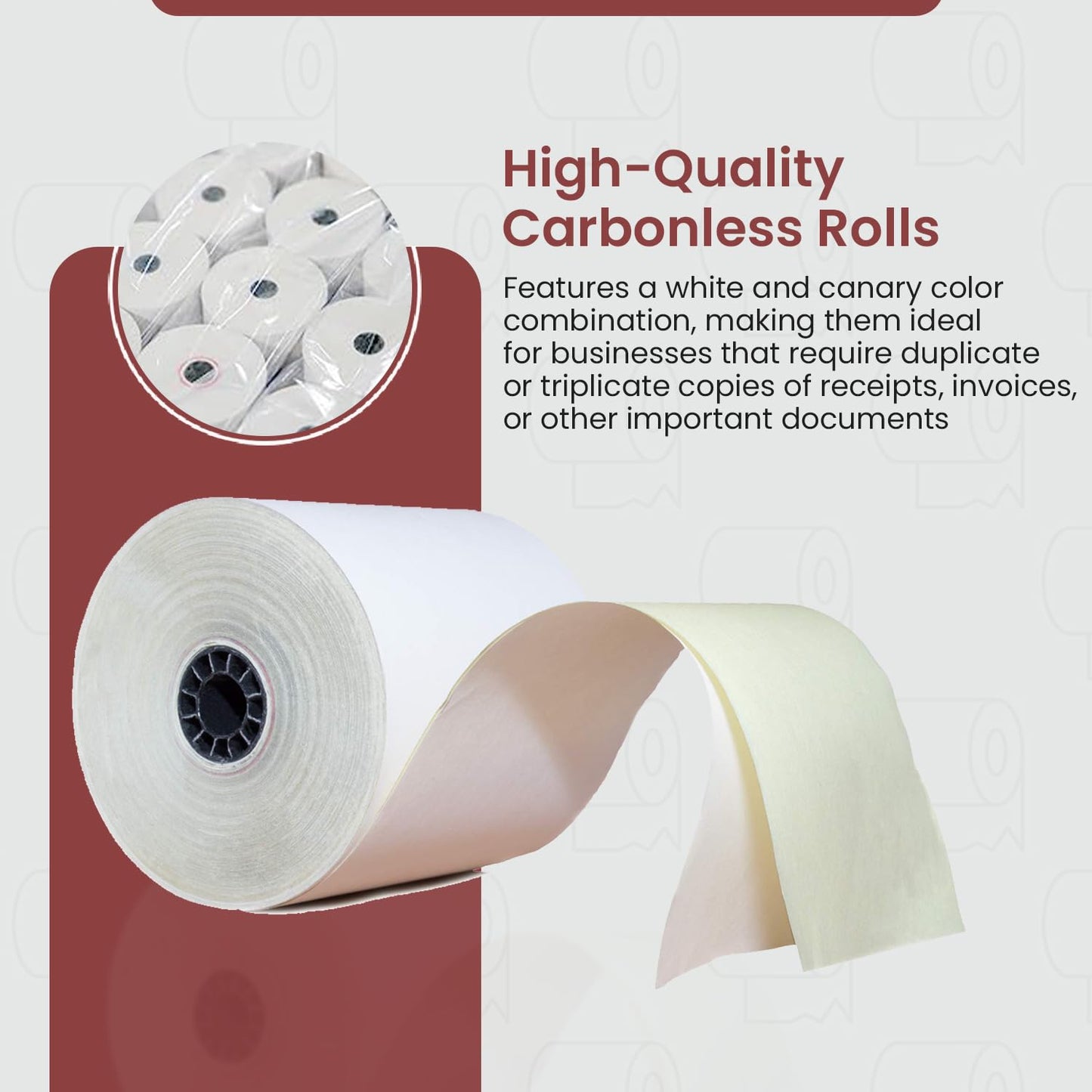 BAM POS Two Ply Carbonless Rolls - Easy to Install - Clear & Crisp Copies - White/Canary - 3” x 90 Feet (24 Rolls per Carton)