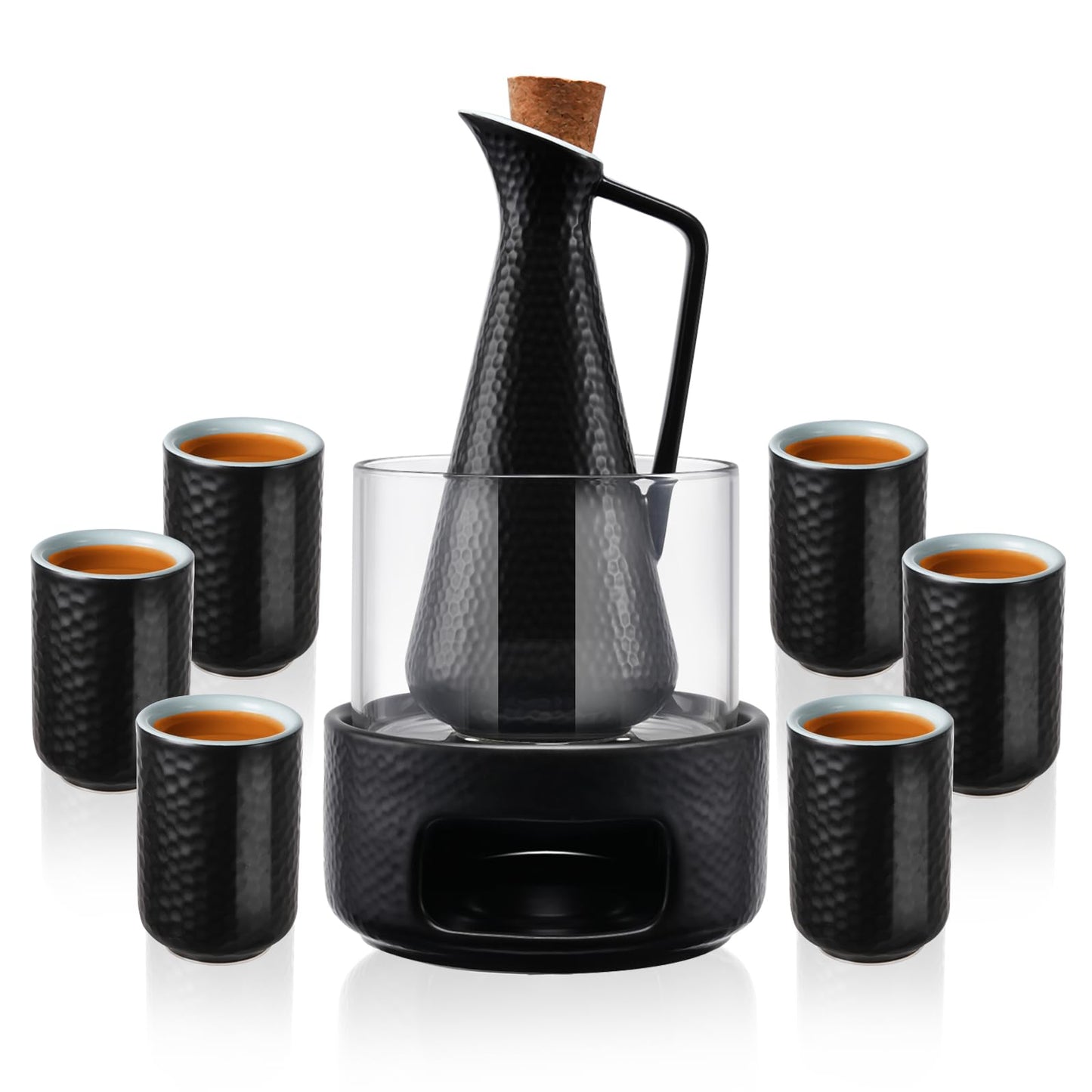 ZENS Sake Set with Warmer, 12 Ounce Embossed Ceramic Sake Bottle 6 Sake Cups and Glass Pot for Hot or Cold Japanese Sake, Black Sake Carafe Gift Sets with Cotton Towel