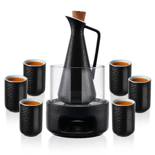 ZENS Sake Set with Warmer, 12 Ounce Embossed Ceramic Sake Bottle 6 Sake Cups and Glass Pot for Hot or Cold Japanese Sake, Black Sake Carafe Gift Sets with Cotton Towel