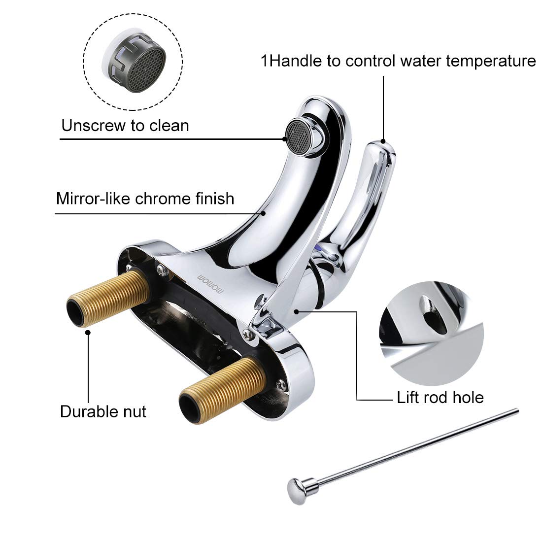 WOWOW Bathroom Faucet 1 Handle Low Arc Single Handle 4 inch Centerset Bathroom Sink Faucet with Lift Rod Drain Assembly Basin Mixer Tap Chrome Vanity Faucet